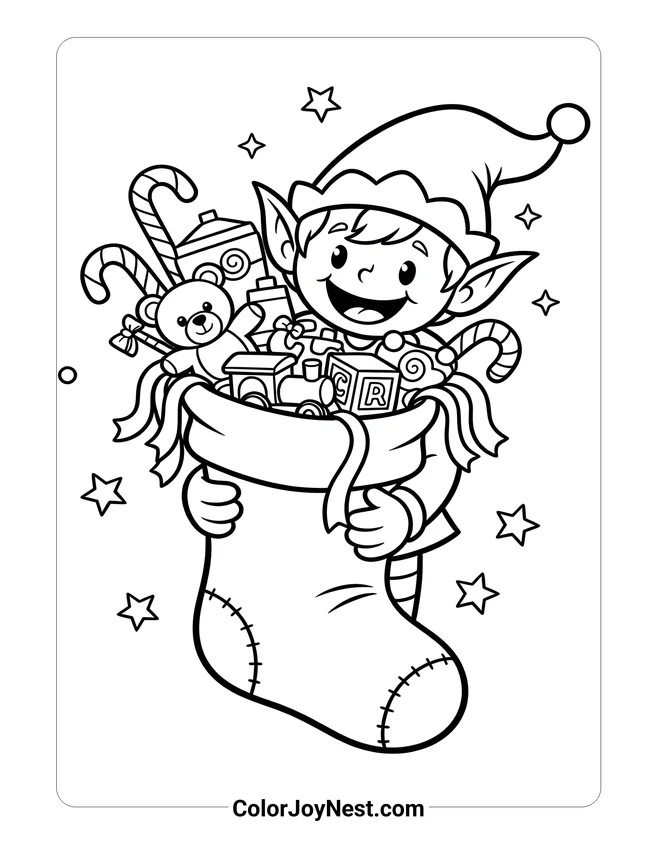 Elf Holding Christmas Stocking Coloring Page