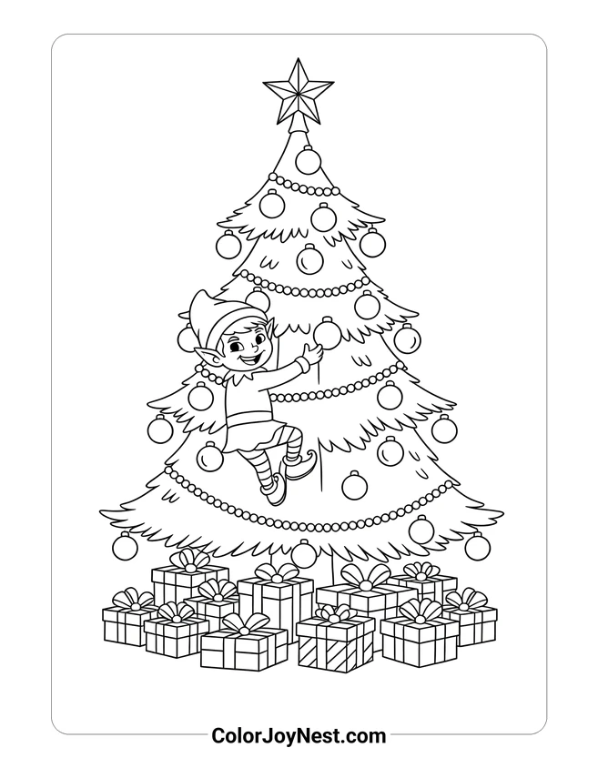Elf Peeking from Christmas Tree Coloring Page
