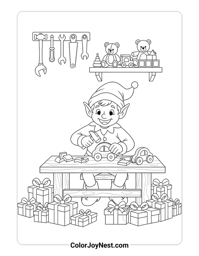 Elf in Santa Workshop Coloring Page