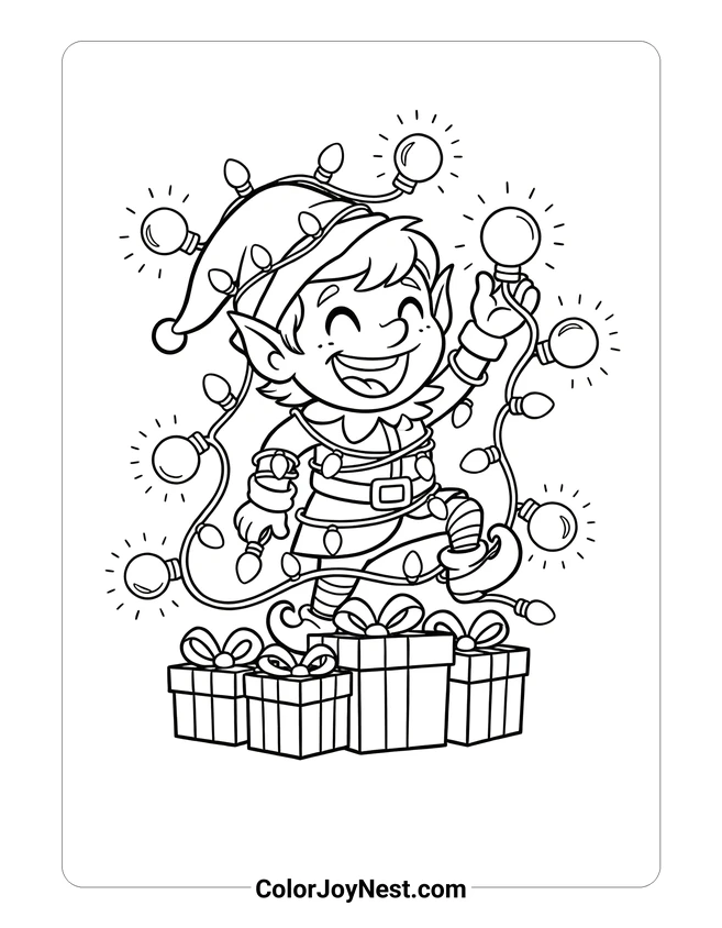 Elf Tangled in Christmas Lights Coloring Page