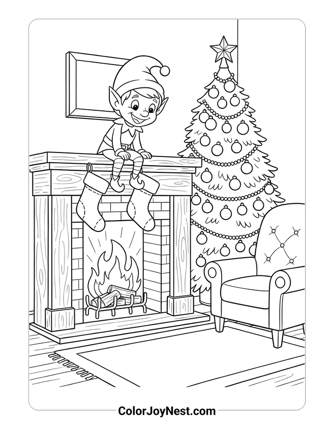 Elf Watching Family from Shelf Coloring Page