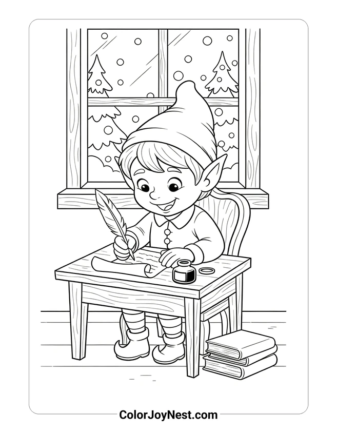 Elf Writing Letter to Santa Coloring Page
