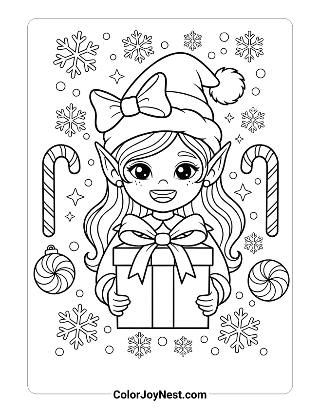 Girl Elf with Gift Box Coloring Page