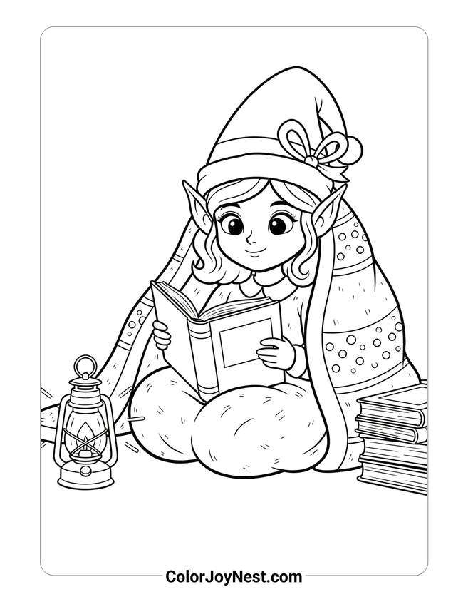 Girl Elf Reading Book on Shelf Coloring Page