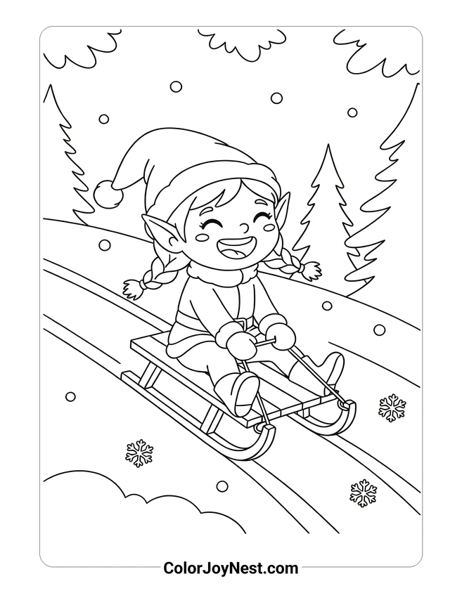 Girl Elf Sledding Down Hill Coloring Page