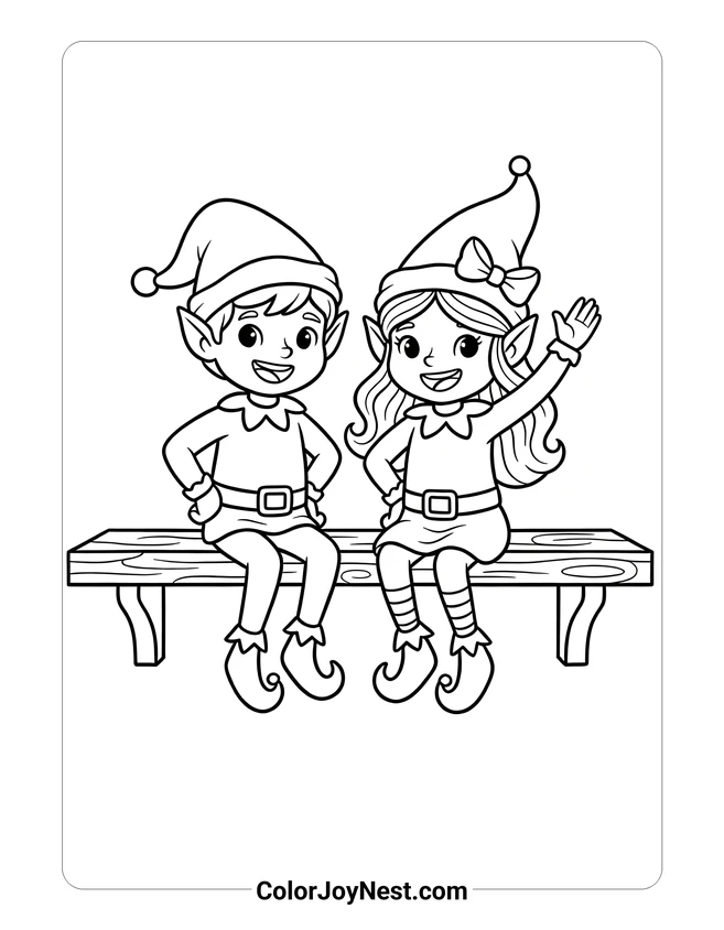 Two Elves Sitting Together Coloring Page