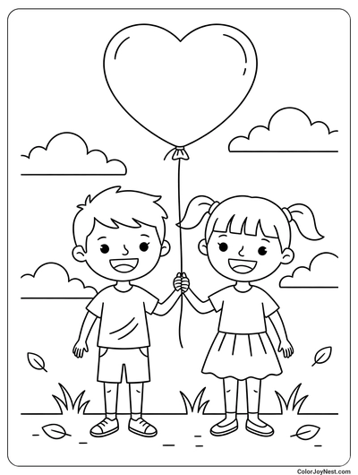 Best Friends Holding Heart Balloons Coloring Page