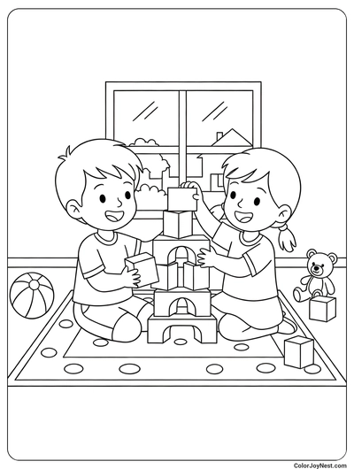 Friends Playing with Toy Blocks Coloring Page