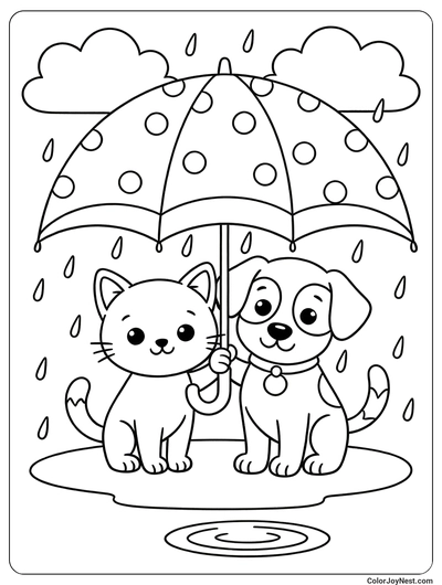 Friends Sharing an Umbrella Coloring Page