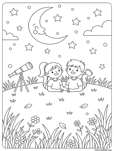 Friends Stargazing Together Coloring Page