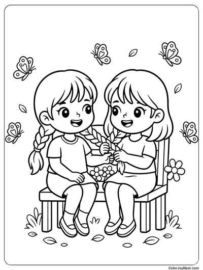 Girl Friends Braiding Hair Coloring Page