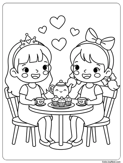 Girl Friends Tea Party Coloring Page