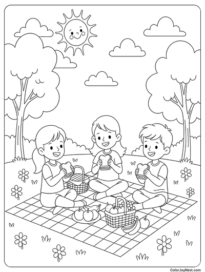 Three Friends Picnic Coloring Page