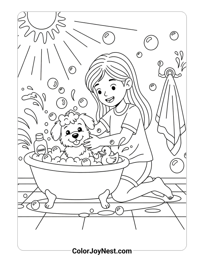 Girl Bathing Puppy Coloring Page
