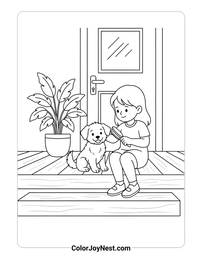 Girl Brushing Puppy on Porch Coloring Page
