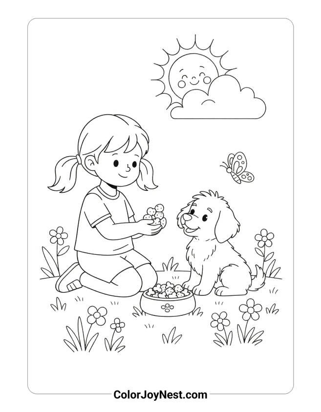 Girl Feeding Puppy Treats Coloring Page