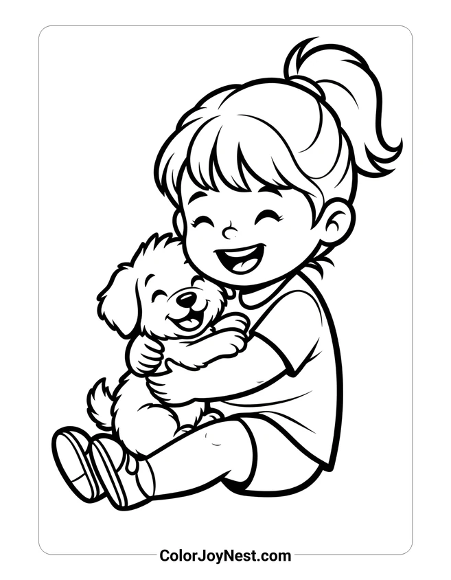 Girl Hugging Puppy Coloring Page