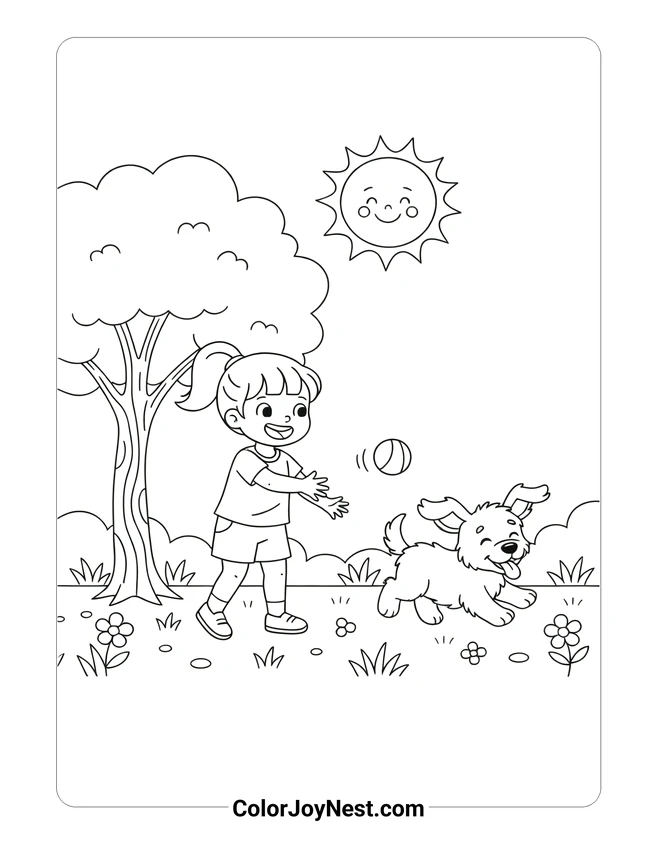 Girl Playing Fetch with Puppy Coloring Page