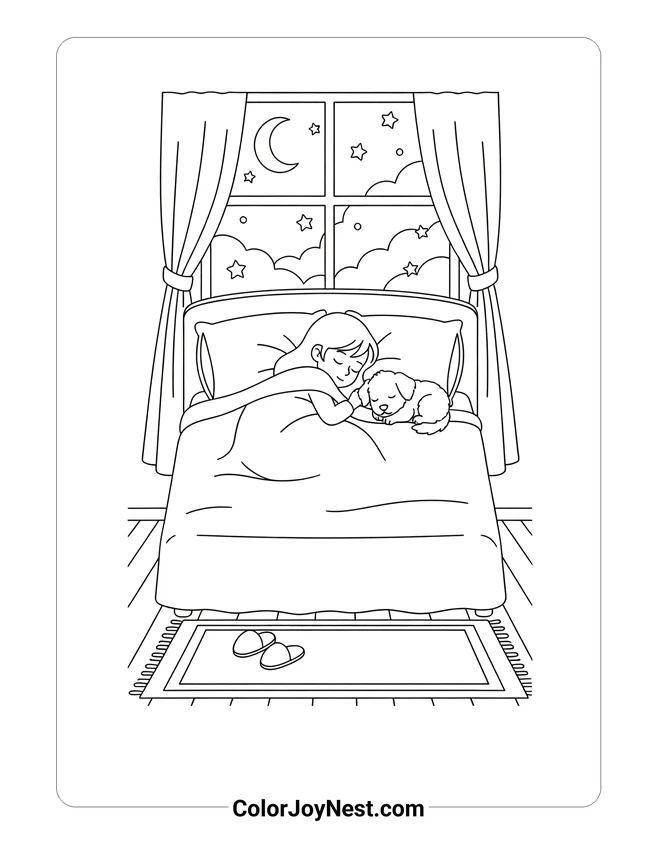 Girl and Puppy Bedtime Coloring Page