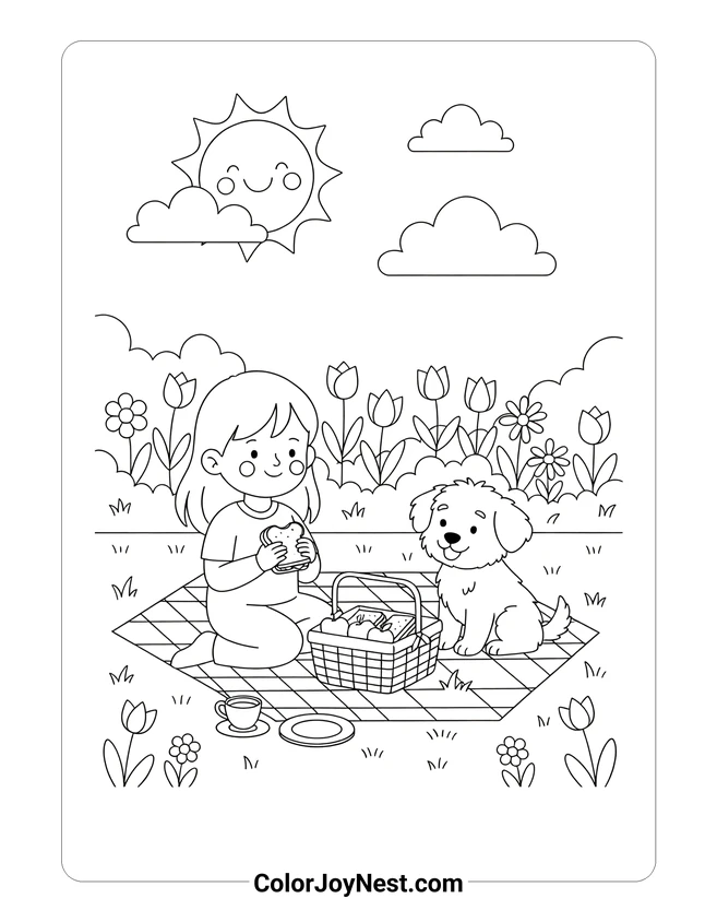 Girl and Puppy Garden Picnic Coloring Page