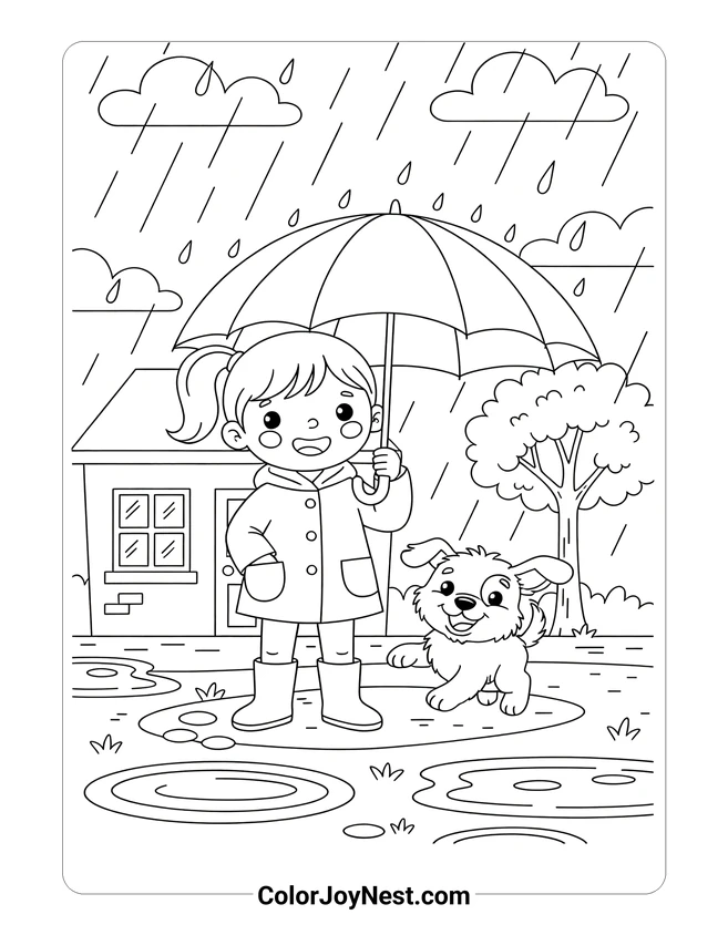 Girl and Puppy Rainy Day Fun Coloring Page