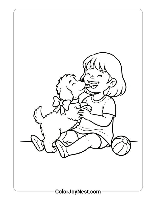 Girl and Puppy Sweet Cuddle Coloring Page