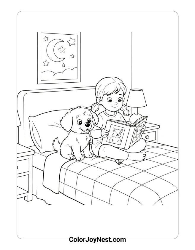 Girl Reading to Puppy Coloring Page