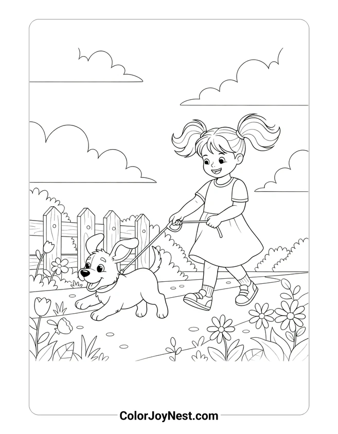 Girl Walking Puppy on Leash Coloring Page