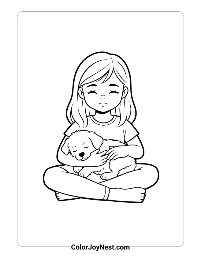 Girl with Sleeping Puppy Coloring Page