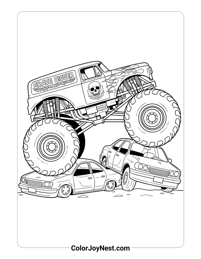 Grave Digger Crushing Cars Coloring Page