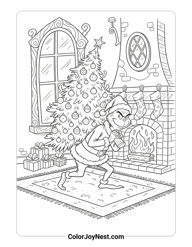 Grinch Stealing Christmas Tree Coloring Page