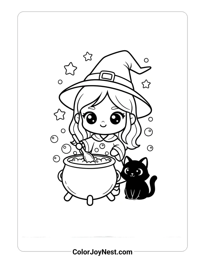 Witch and Cauldron Coloring Page