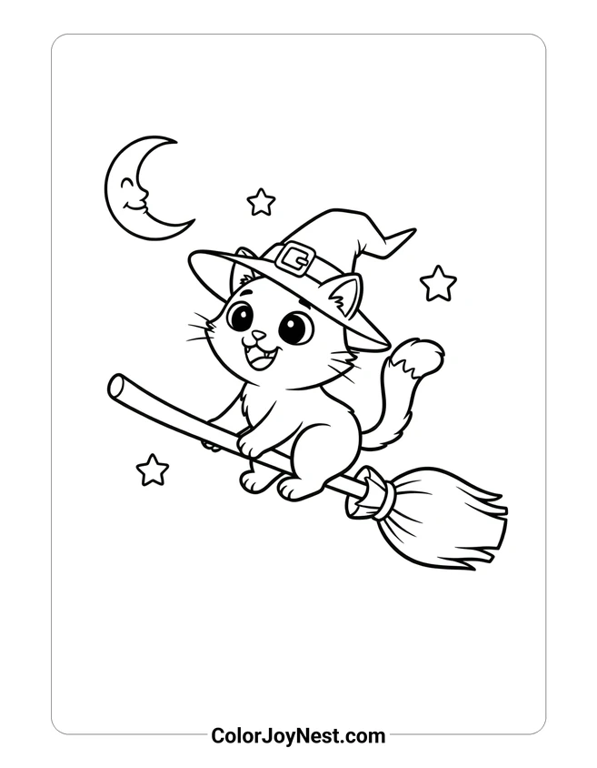Witch Cat on Broomstick Coloring Page