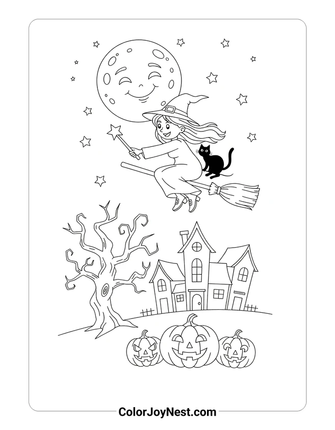 Witch Flying Over Town Coloring Page