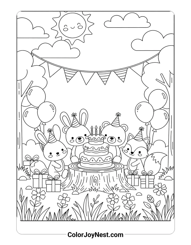 Birthday Animals Party Coloring Page