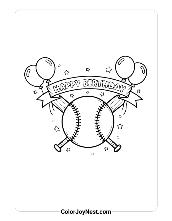 Birthday Baseball Theme Coloring Page