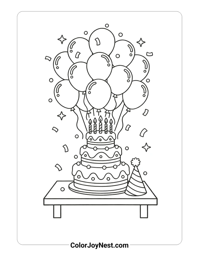 Birthday Cake and Balloons Coloring Page
