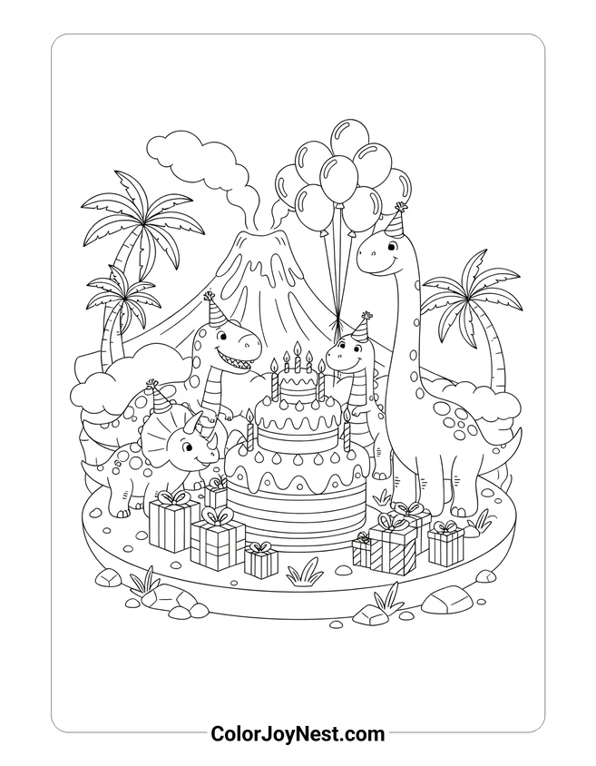 Birthday Dinosaur Party Coloring Page