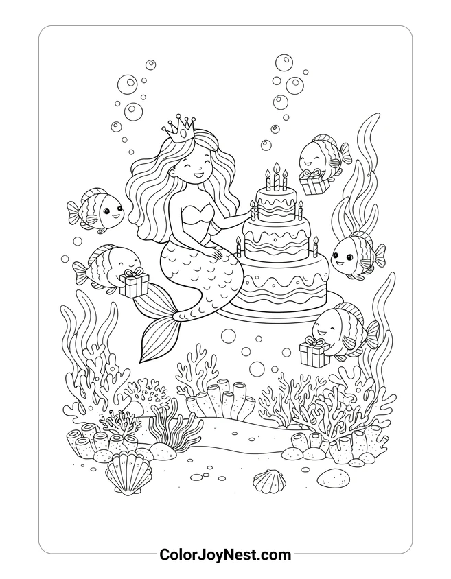Birthday Mermaid Under Sea Coloring Page