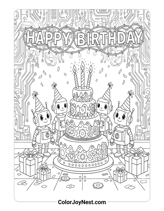 Birthday Robot Party Coloring Page