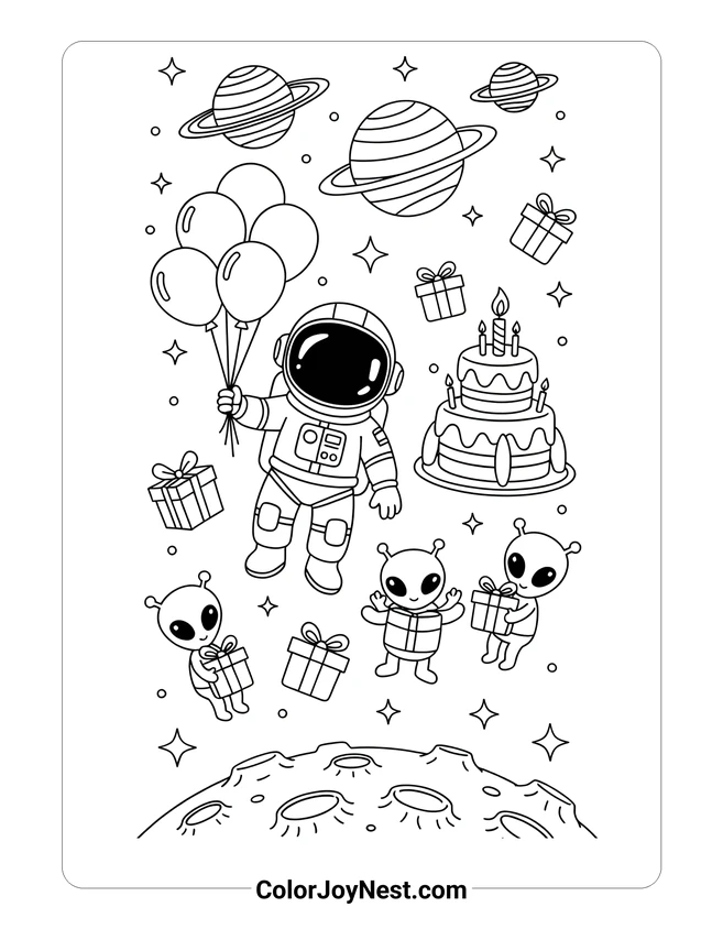 Birthday Space Party Coloring Page