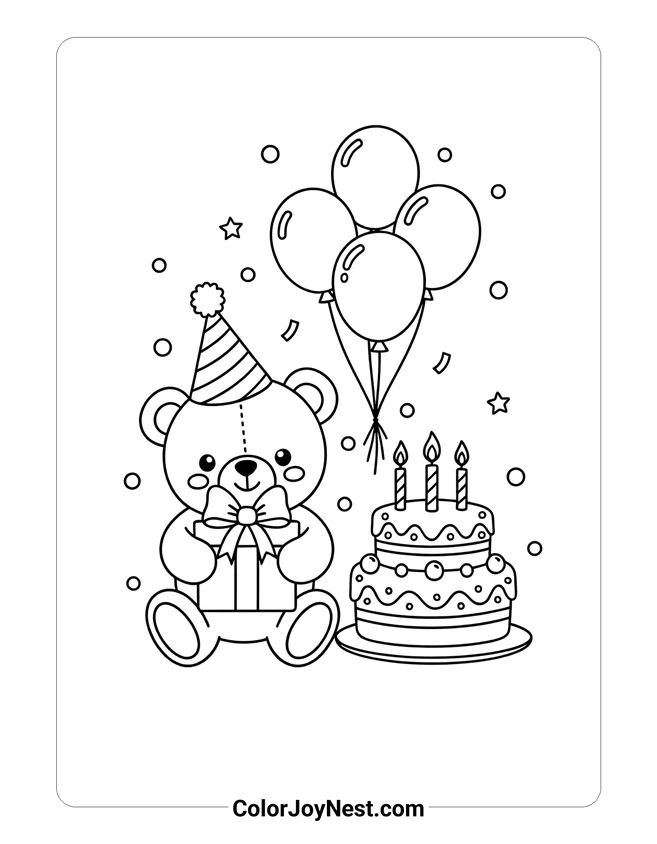 Birthday Teddy Bear Coloring Page