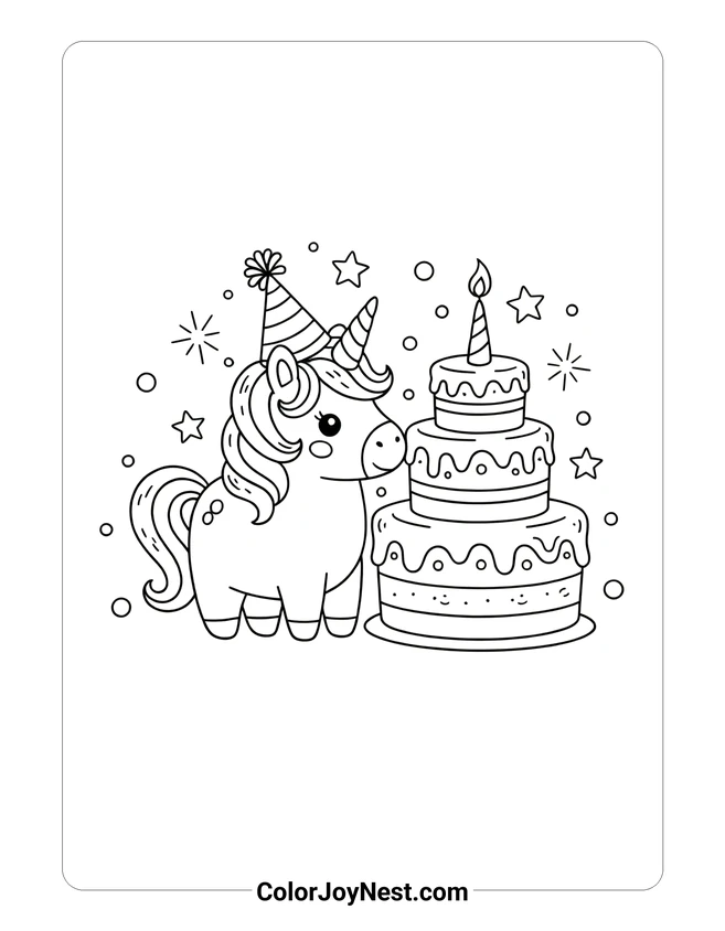 Birthday Unicorn with Cake Coloring Page