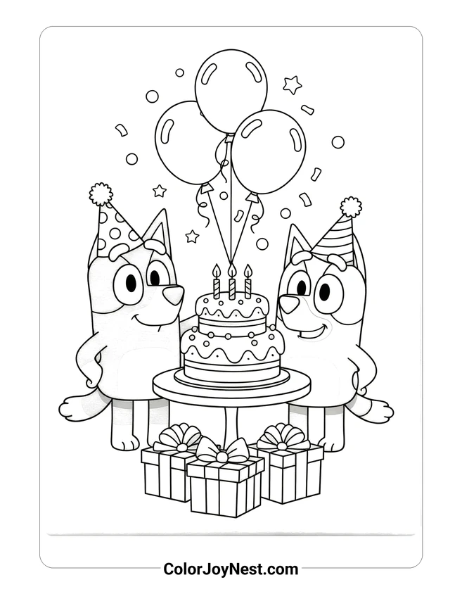 Bluey and Bingo Birthday Coloring Page