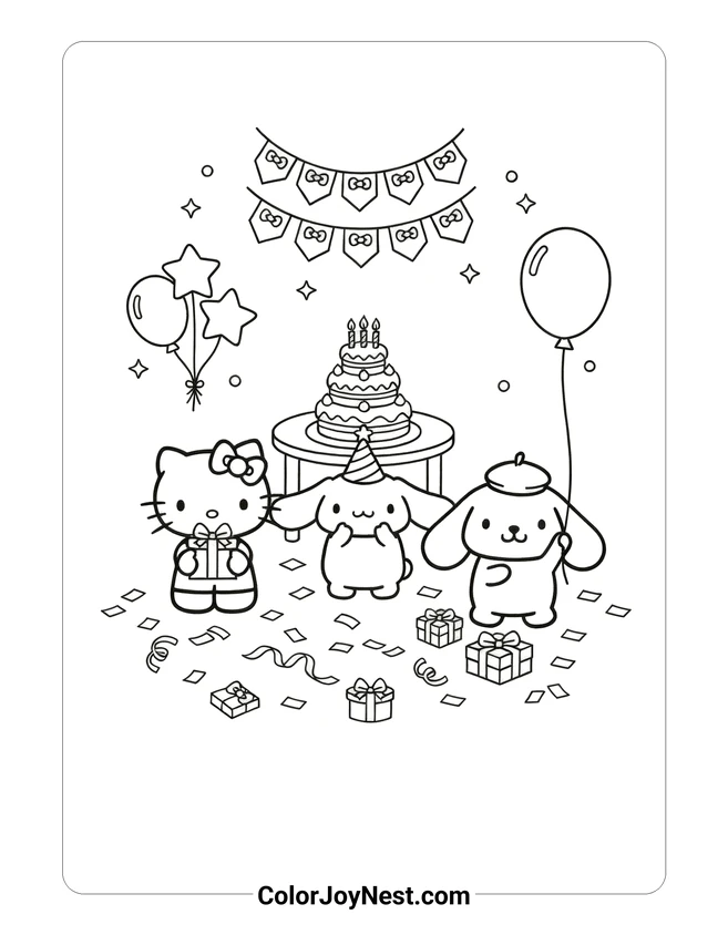 Hello Kitty and Friends Birthday Coloring Page