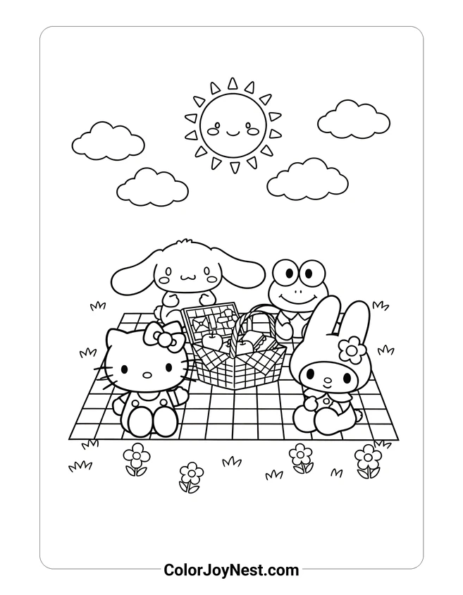 Hello Kitty and Friends Picnic Coloring Page