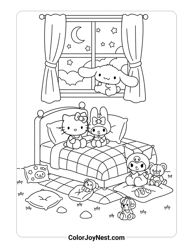 Hello Kitty and Friends Sleepover Coloring Page