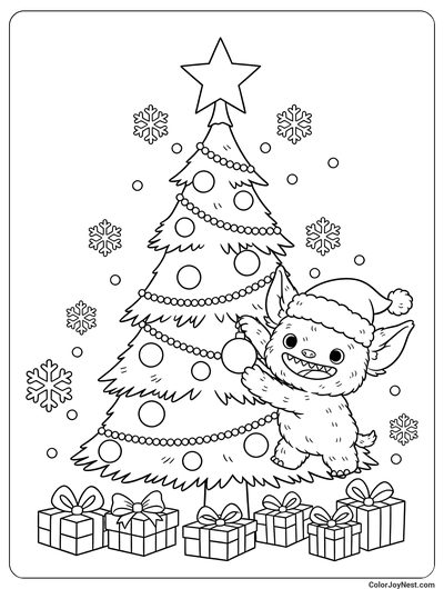 Christmas Labubu Tree Decorating Coloring Page