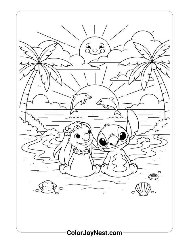 Lilo and Stitch Ohana Sunset Coloring Page