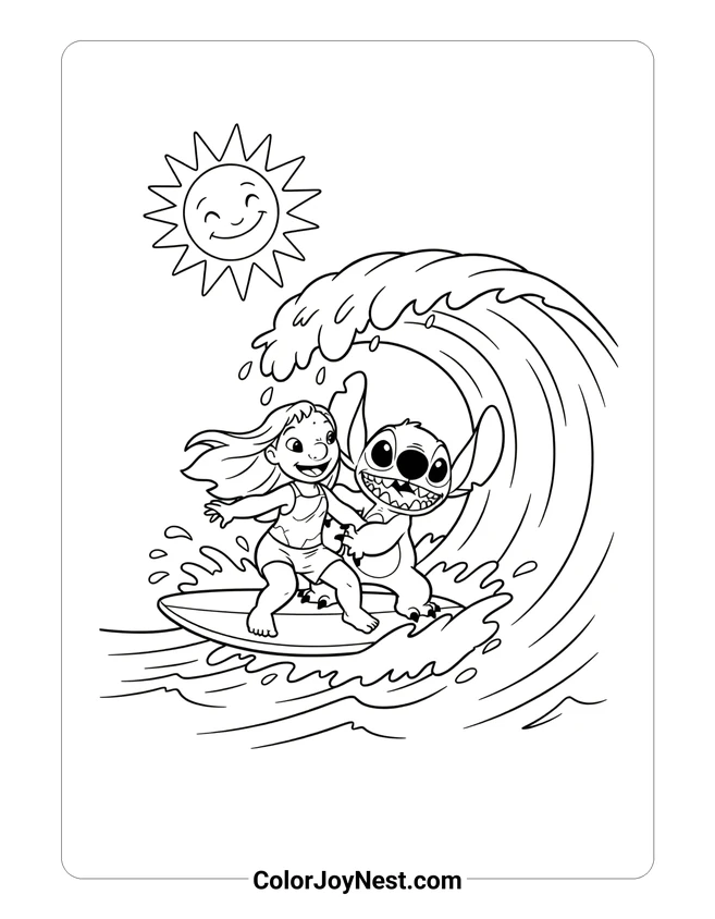 Lilo and Stitch Surfing Coloring Page